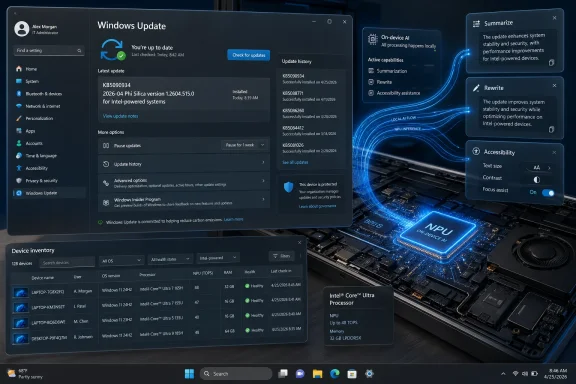 Windows Update dashboard open on a laptop, showing installed Intel system updates and device inventory details.