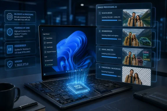 A laptop shows an AI image-processing pipeline with segmentation and visual analysis on an on-device interface.