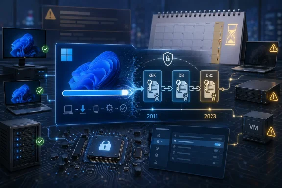 Conceptual cybersecurity diagram showing Windows recovery timeline 2011–2023 with VM, DB stages, and warning icons.