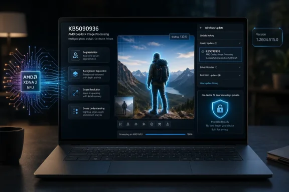 A laptop screen shows AMD Copilot+ image processing updating on-device with privacy shield messaging.