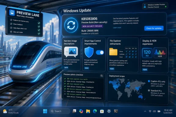 Windows Update preview screen showing KB5083806 build 28000.1896 with new feature cards and a “Check for updates” button.