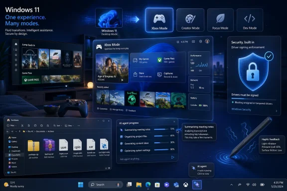 Windows 11 interface shown with Xbox Mode, creator tools, and security driver signing features on a gaming PC.