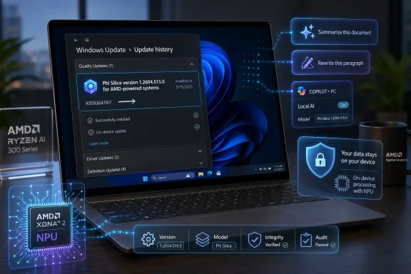 Laptops shows Windows update history and AI NPU security features with COPILOT and “Phi Silica” on-screen.