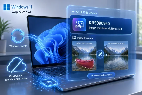 Windows 11 Copilot+ PC update graphic showing Image Transform (KB5090940) on a laptop screen.