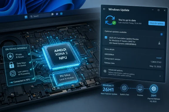 A Windows Update screen shows an optional update while an AMD XDNĀ 2 NPU is highlighted on a blue circuit board.