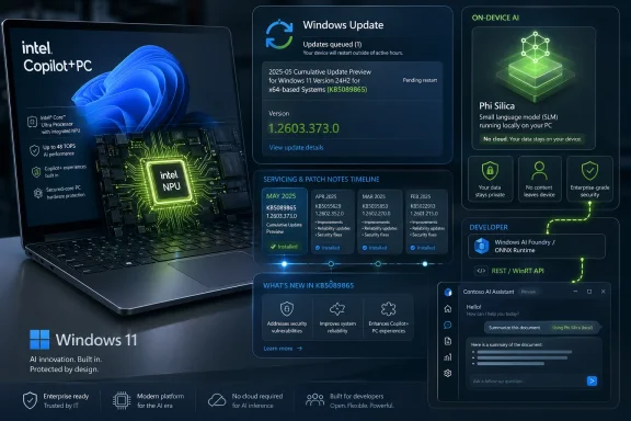 Windows 11 update screen for Intel Copilot+ PC shows queued updates and on-device AI features.