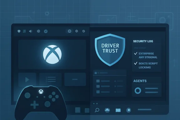 Blue gaming-like interface showing a “DRIVER TRUST” security log and shield icon.
