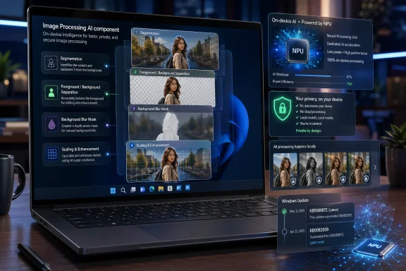 Laptop display shows on-device AI image processing with NPU-powered privacy and segmentation effects.