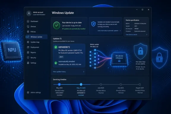 Windows Update admin dashboard showing Phi Silica J32 device update status and on-device inference security.