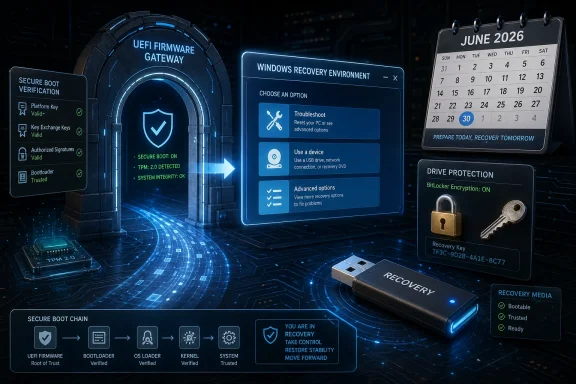 Futuristic secure boot and Windows recovery interface with TPM, recovery media, and encryption controls.