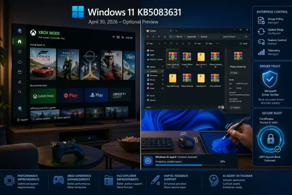 Windows 11 KB5083631 optional preview screen shows Xbox mode, file explorer, and AI update progress.