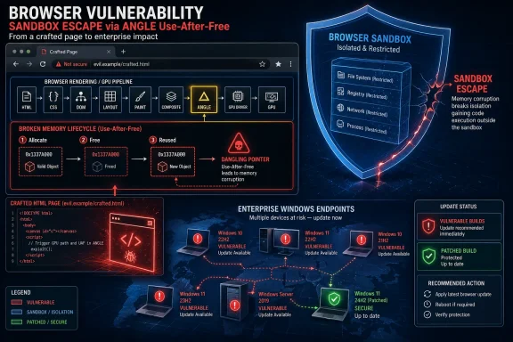 Security infographic showing browser sandbox escape from ANGLE use-after-free vulnerability and patch guidance.