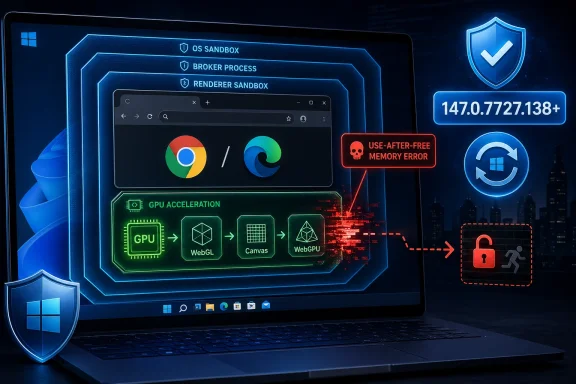 Glowing laptop UI shows OS sandbox, GPU acceleration, and a “use-after-free memory error” warning.