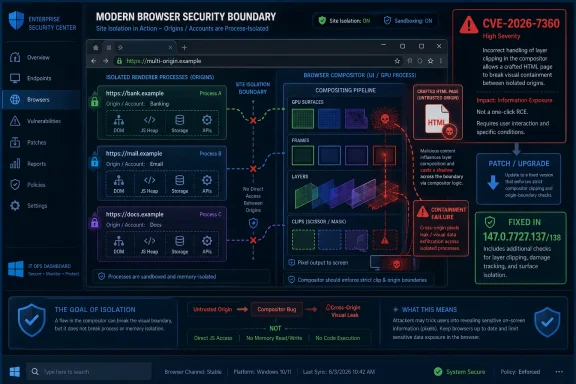 Security dashboard illustration showing modern browser isolation and a flagged high-severity CVE with patch guidance.