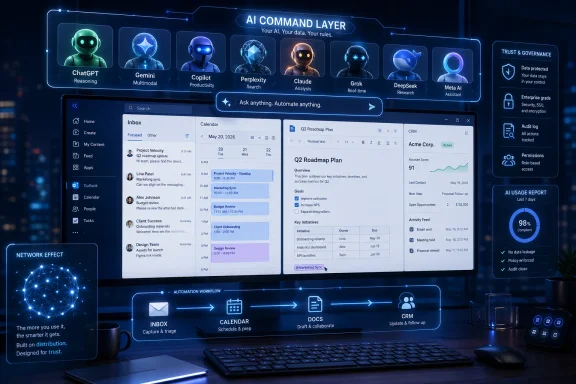 Futuristic AI command dashboard shows chatbots, workflow automation, and governance metrics on a glowing display.