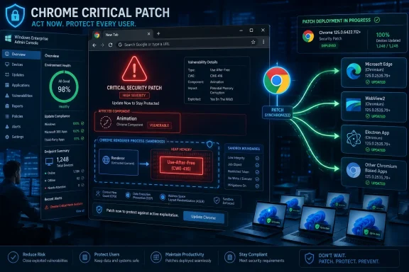 Cybersecurity dashboard warning of a critical Chrome patch, showing vulnerability details and devices updated.