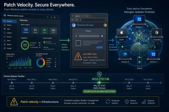 Global patch management dashboard with device network and “Patch Velocity. Secure Everywhere.” message.
