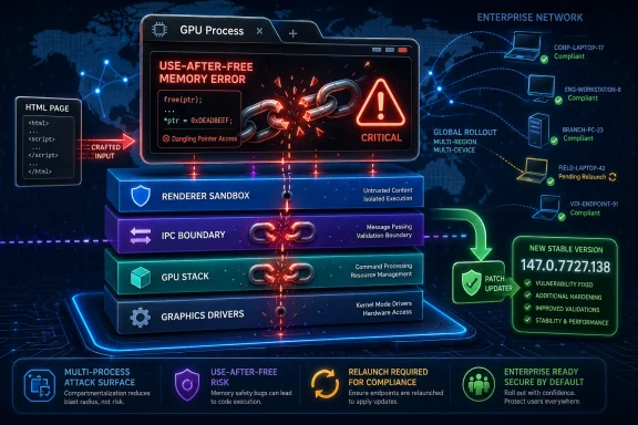 Cybersecurity infographic showing a GPU “use-after-free memory error” with enterprise network compliance and patch update.