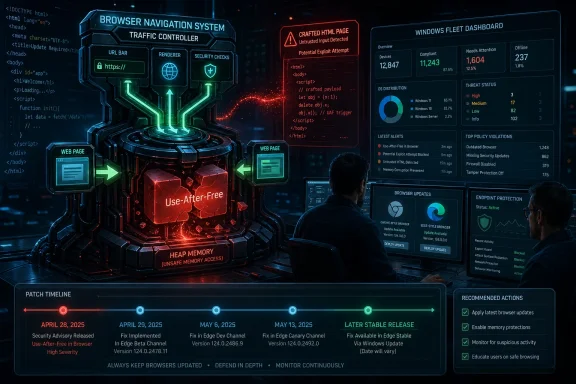 Cybersecurity dashboard shows browser navigation, exploit warnings, and patch timeline with memory vulnerability alerts.