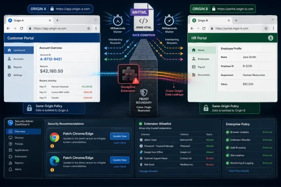 Two portal UIs connected by a “trust boundary” showing MHTML/MIME attack, race-condition timing, and cross-origin data leakage.