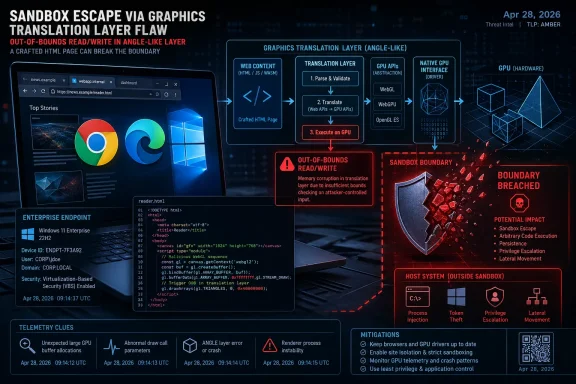 Cybersecurity graphic showing a “sandbox escape” risk via a graphics translation layer out-of-bounds read/write.