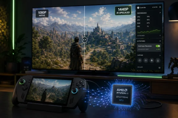 Gaming setup shows a laptop/monitor streaming a 1440P AI-upscaled scenic game view with AMD Ryzen AI Z2 Extreme branding.