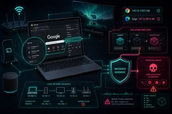 Futuristic cybersecurity diagram shows Google Chrome casting and browser sandboxing with UAF risk flow.