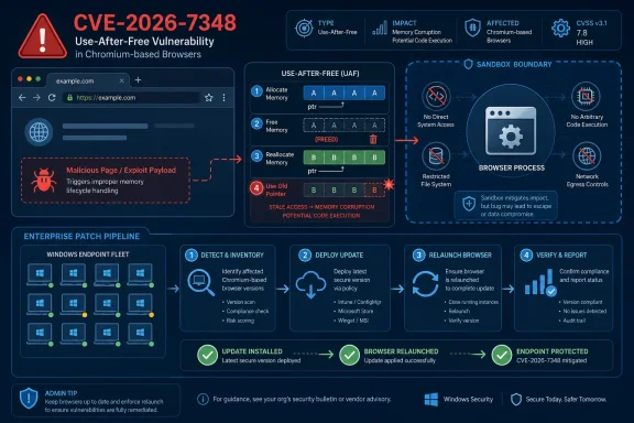 Security dashboard illustrating CVE-2026-7348 use-after-free in Chrome sandboxing and enterprise patch workflow.