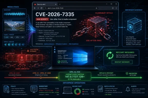 Cybersecurity alert dashboard showing CVE-2026-7335 high-severity use-after-free in Chrome media component.