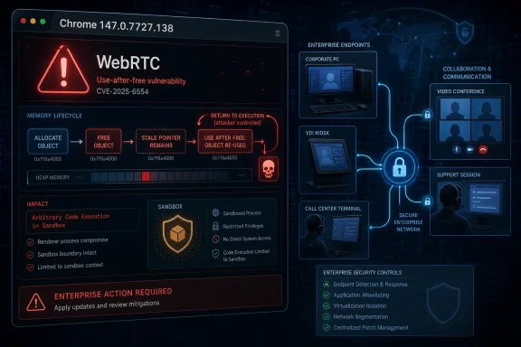 Cybersecurity infographic showing a WebRTC use-after-free vulnerability affecting enterprise endpoints and required actions.