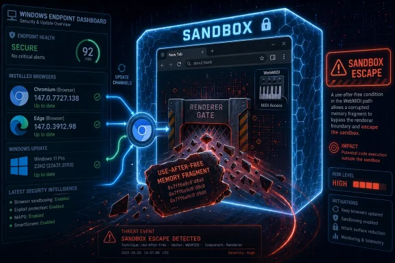 Cybersecurity dashboard shows “Sandbox Escape Detected” with a glowing sandbox breach warning and renderer graphic.