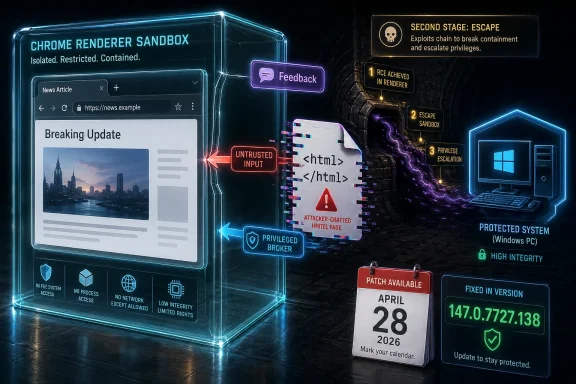 Cybersecurity-themed graphic showing a Chrome renderer sandbox escape workflow and an April 28 patch fix.