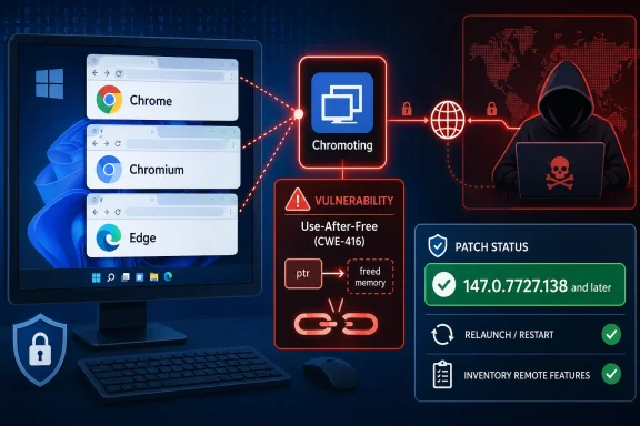 Cybersecurity-themed graphic showing browser versions, “Chromoting,” and a “Vulnerability Use-After-Free” patch status.