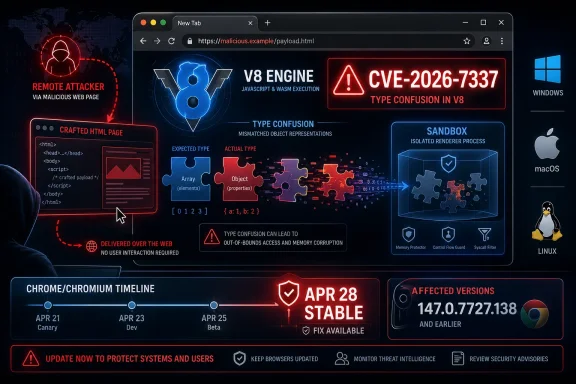 Cybersecurity warning poster showing CVE-2026-7337 type confusion in a “V8 engine” web payload.