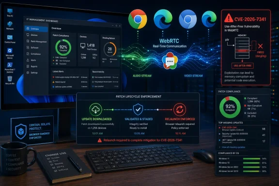 Cybersecurity dashboard shows WebRTC patch compliance with CVE-2026-7341 warning and enforced relaunch status.