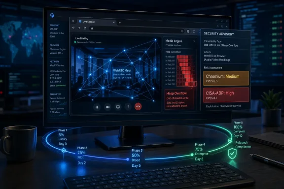 Cybersecurity dashboard on a monitor shows WebRTC vulnerability warnings and risk assessments in a dark office.