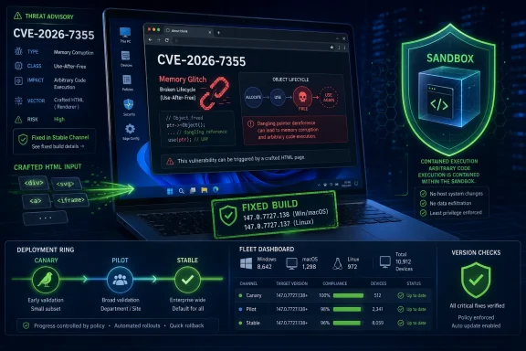 Cybersecurity graphic showing CVE-2026-7355 memory corruption risk with sandbox protection and fixed build details.