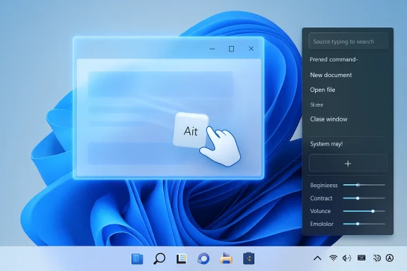 Blue Windows-like UI shows a document window with a cursor and a system tray menu on the side.