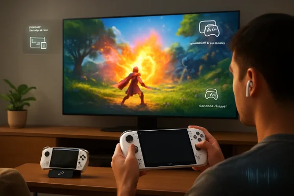 Man plays a handheld game while a TV shows a character battling fire in a colorful fantasy scene.