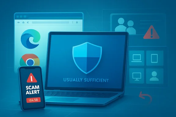 Cybersecurity illustration showing a laptop shield, “SCAM ALERT,” and a warning sign on a blue desktop screen.