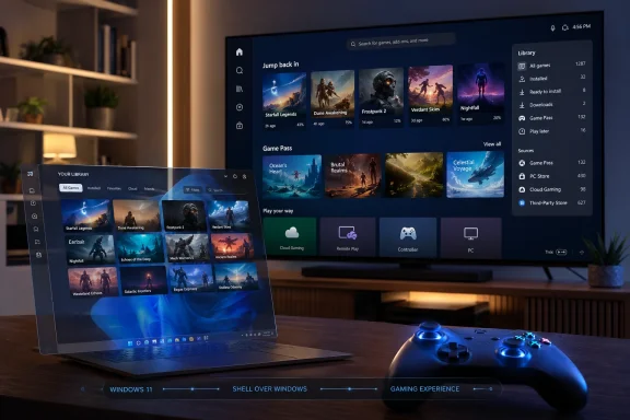 A laptop and blue gaming controller display a Windows gaming library interface.