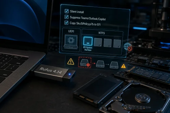 Rufus 4.14 setup screen shows UEFI/NTFS options and Silent install while boot media hardware lies on a desk.