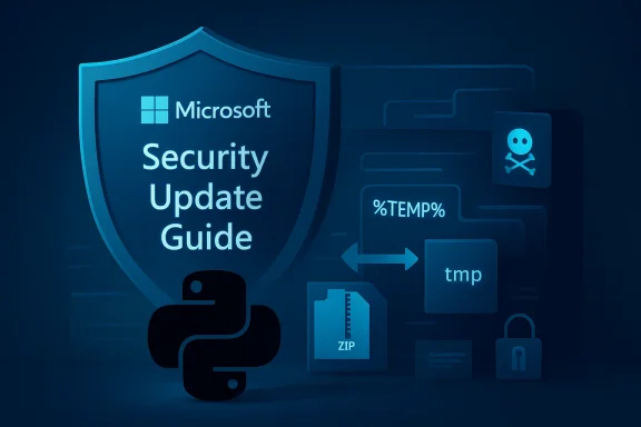 Microsoft security update guide graphic with Python and file transfer icons on a blue shield background.