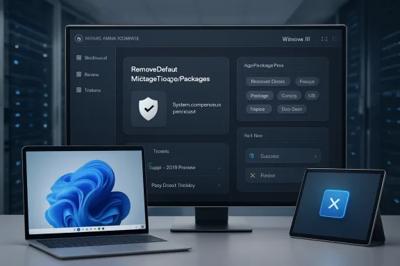 Futuristic software interface on dual screens with blue Windows-like swirls on a desk in a server room.