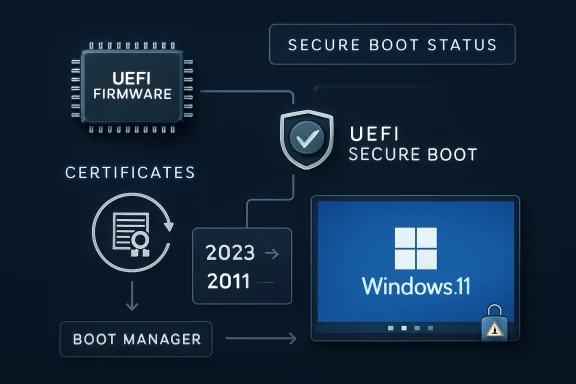 Secure boot status illustration showing UEFI firmware, certificates, and Windows 11 with a lock icon.