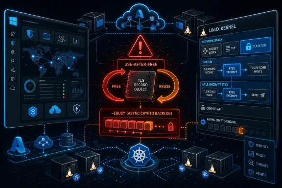 Digital cybersecurity diagram showing “use-after-free” TLS record handling in a Linux kernel network stack.