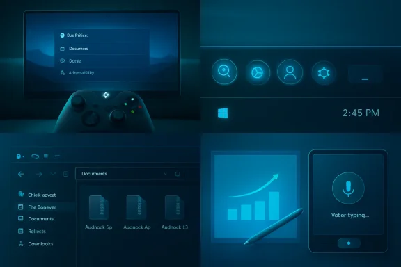 Futuristic desktop setup with glowing UI icons, document thumbnails, and a voice typing phone screen.