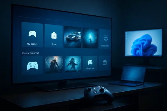 A gaming setup with a monitor showing game tiles and a controller in a blue-lit room.