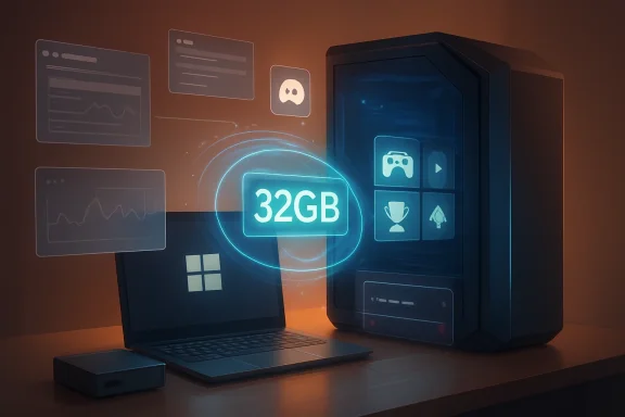 Gaming PC and laptop setup with floating “32GB” storage icon and system graphics UI.