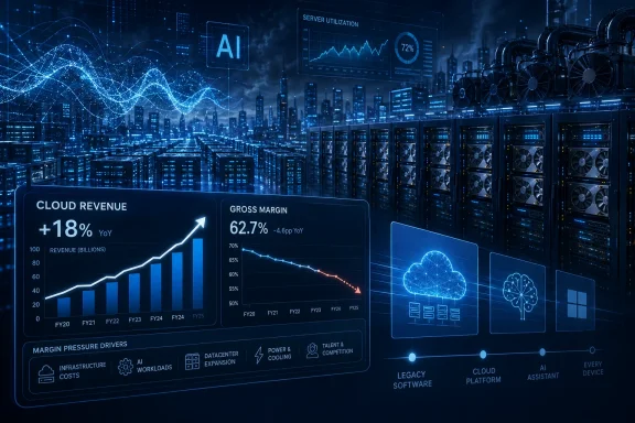 Blue-lit data center with AI and server utilization dashboard showing cloud revenue and gross margin trends.
